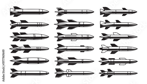 Military missile and rocket vector set including various ballistic projectile weapon icons.