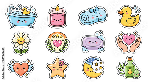Collection of cute kawaii-style illustrations featuring bath time, self-care, and relaxation elements.