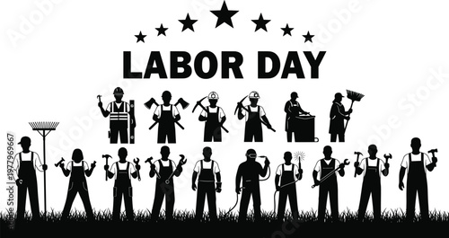 Labor Day Celebration Banner Featuring Diverse Construction Worker Silhouettes And Skilled Trade Professionals For International Worker Rights And Professional Employee Appreciation