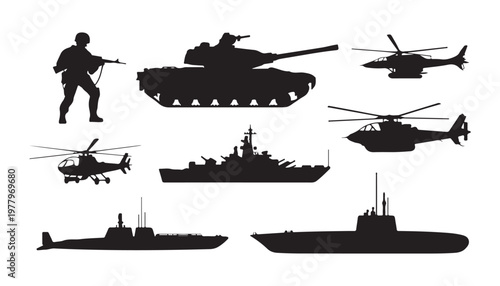 Warfare equipment silhouettes including infantry soldier tank aircraft and naval vessels art.