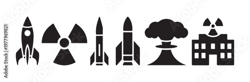 Nuclear power and atomic energy icons including rockets and radiation symbols for science.