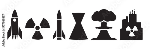 Industrial nuclear plant and atomic warfare icons for scientific research and energy use.
