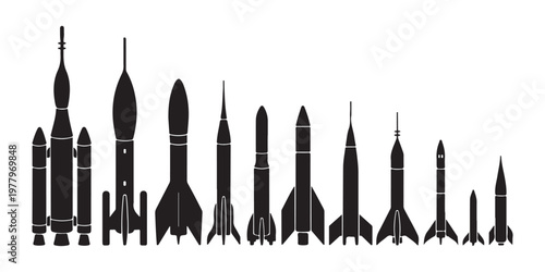 Set of black and white rocket icons, different types and sizes, space exploration symbols.