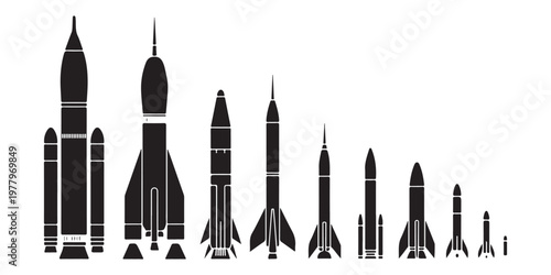 Set of black and white rocket silhouettes, different types, symbols of space exploration.
