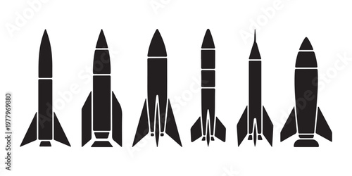 Set of stylized rocket icons showing variety of designs and sizes on white background.