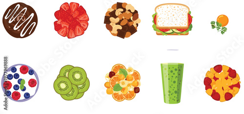 Healthy breakfast and dessert food collection vector illustration featuring smoothie, fruits, sandwich, granola and sweet treats isolated design set