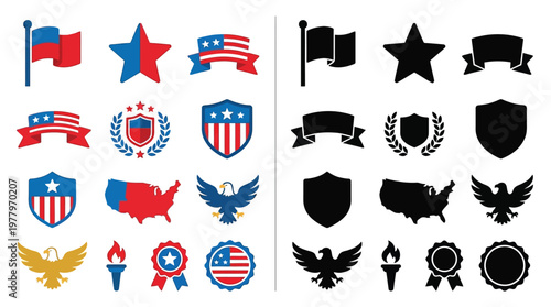 Collection of American patriotic symbols and icons, including flags, stars, shields, eagles, and maps of the USA, presented in both color and silhouette.