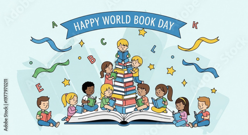Kids gathered around open book for world book day celebration