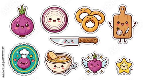 A collection of cute, kawaii-style cartoon illustrations featuring onions, onion rings, soup, a chef's hat, a knife, and a cutting board.