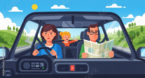 Family driving on a scenic road trip adventure together.