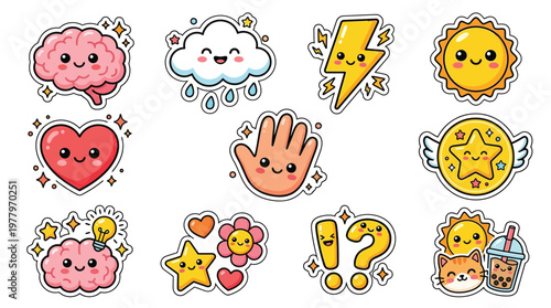 A collection of cute, kawaii-style cartoon illustrations featuring a brain, heart, sun, cloud, lightning bolt, hand, star, flowers, and a cat with bubble tea.