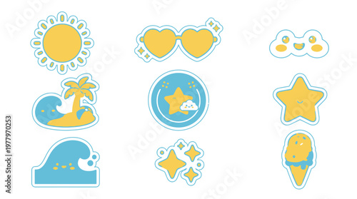 A collection of cute, cartoon-style summer-themed illustrations featuring a sun, sunglasses, clouds, a tropical island with a palm tree, waves, stars, and an ice cream cone.