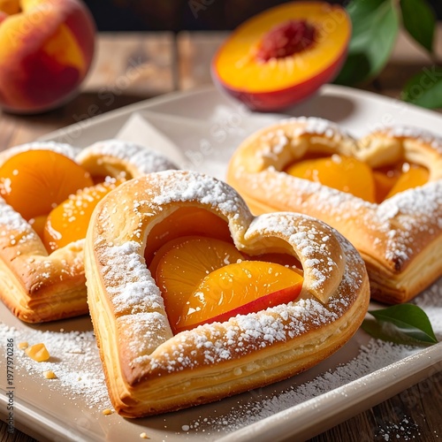 A plate of heart-shaped pastries filled with peaches and powdered sugar