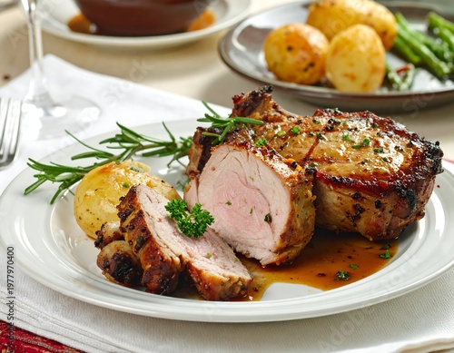 A plate of roasted meat with herbs and gravy on a table