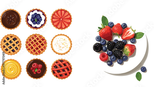 Fruit tart collection and berry dessert plate vector illustration featuring assorted mini pies, strawberry, blueberry, raspberry and blackberry toppings isolated design