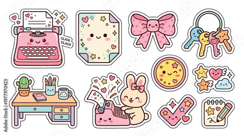Kawaii-style illustration of cute stationery and office supplies with adorable characters, perfect for scrapbooking and journaling.