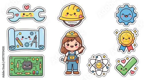 Cute Kawaii Engineering and Science Icons: A Collection of Adorable Illustrations Featuring Tools, Blueprints, and Scientific Symbols.