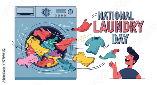 Celebrating National Laundry Day, a cheerful illustration depicts a washing machine with clothes swirling inside, accompanied by a smiling person enjoying the clean and fresh clothes