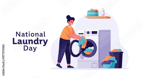 For National Laundry Day, a woman loads colorful clothing into a washing machine near a laundry basket and stacked towels, illustrating a clean clothes concept related to home cleaning