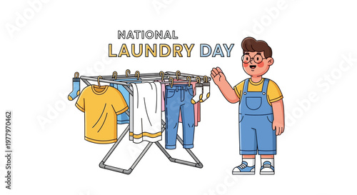 Celebrating National Laundry Day, a cheerful boy in overalls stands beside a clothes rack laden with freshly washed clothes, highlighting the routine of home laundry activity