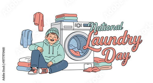 Celebrating National Laundry Day with a smiling person seated near a washing machine, laundry basket, and folded clothing, emphasizing the importance of home laundry activity and the joy