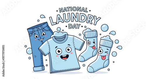 Celebrating National Laundry Day, a vector illustration shows a cartoon washing machine cycle with a shirt, jeans, and socks, all smiling and expressing the clean and fresh clothes concept