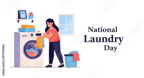 Celebrating National Laundry Day, a woman loads colorful garments into a washing machine, embodying the routine of home cleaning activity, with a laundry basket nearby and a neatly