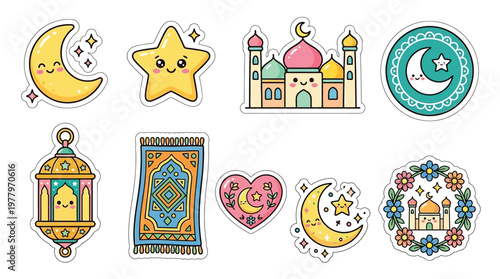 Collection of cute kawaii Islamic-themed stickers featuring a smiling crescent moon, a happy star, a mosque, a lantern, a prayer rug, and floral designs.