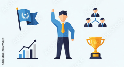 Successful businessman celebrating victory with trophy and flag.