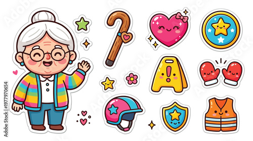 A charming collection of cute cartoon stickers featuring a smiling elderly woman, a walking cane, a heart, a safety helmet, mittens, and other safety-related icons.