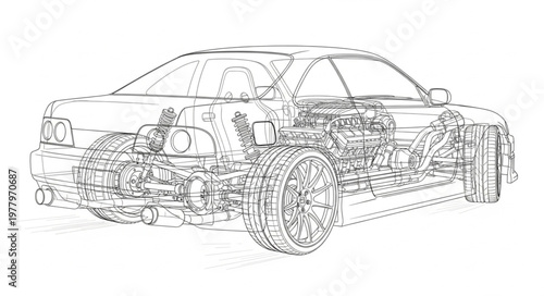 Detailed schematic drawing of a modern car engine and chassis.