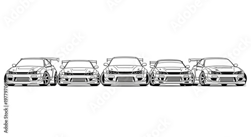 Five sports cars lined up in a row illustration.