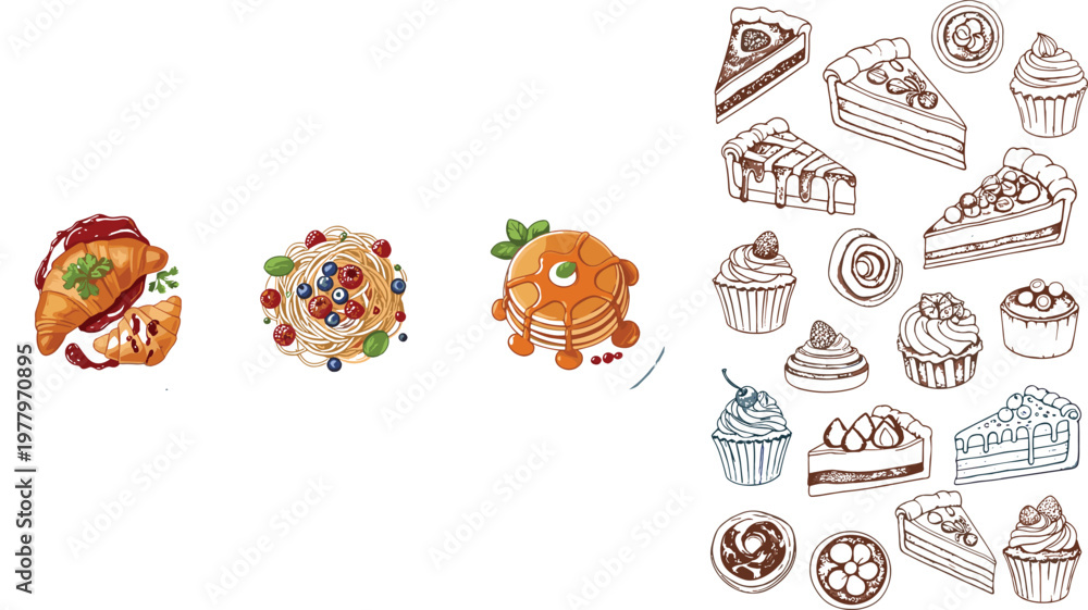 Fototapeta premium Dessert and bakery collection vector illustration featuring pancakes, croissant, cupcakes, cakes and sweet pastry outline icons isolated food set design