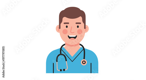 Male doctor, cartoon medical professional, blue scrubs, stethoscope, smiling healthcare worker, vector illustration