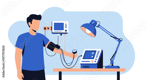 Medical, healthcare, blood pressure, monitoring, illustration, vector, blue, doctor, patient, equipment, check, arm, cuff, desk, lamp, screen, vital signs, health checkup, clinic, hospital