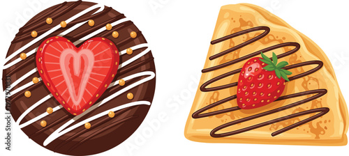 Chocolate dessert and crepe with strawberry vector illustration featuring sweet pastry treats with heart decoration and drizzle isolated food design set