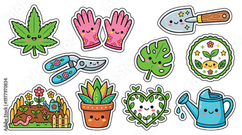 Collection of cute kawaii gardening tools and plants, including a watering can, gloves, shears, and potted plants, all with smiling faces.