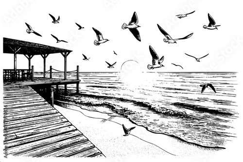Ink drawing of wooden boardwalk pavilion with birds over sea waves and sun for travel and tourism projects