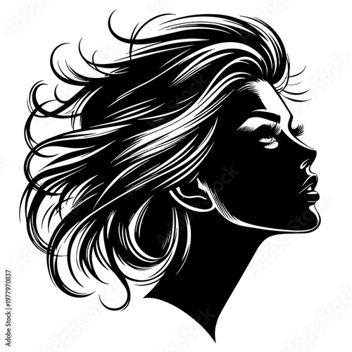 Bold ink illustration of female side profile with windblown hair for beauty branding and empowerment campaigns