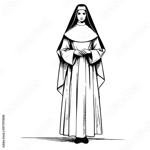 Ink sketch of sister in full religious dress with veil and robe for spiritual and faith-based content