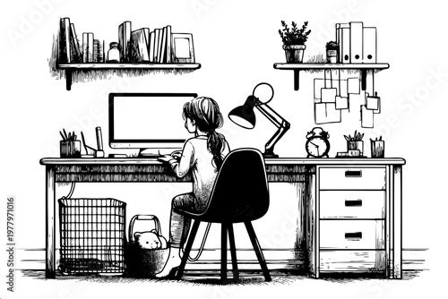 Detailed hand-drawn scene of woman at organized workspace with computer, lamp and pet cat for remote work and freelance content