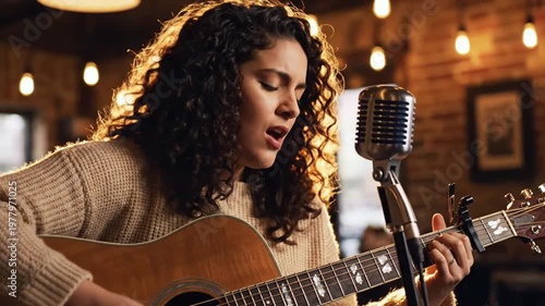 Young woman singing and playing acoustic guitar into vintage microphone