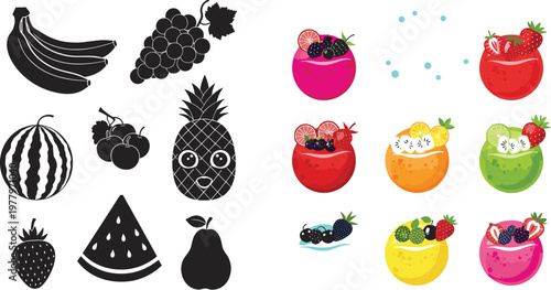 Fruit silhouette and colorful smoothie bowl collection vector illustration featuring banana, pineapple, berries and healthy dessert bowls isolated design set