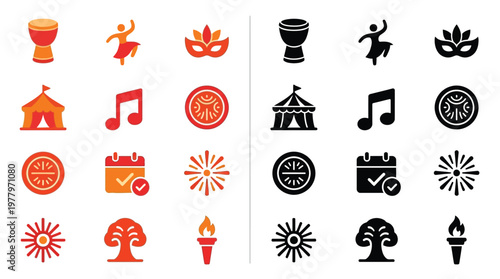 A collection of colorful and monochrome icons representing various festive and cultural elements, including musical instruments, dance, masks, tents, and celebratory symbols.