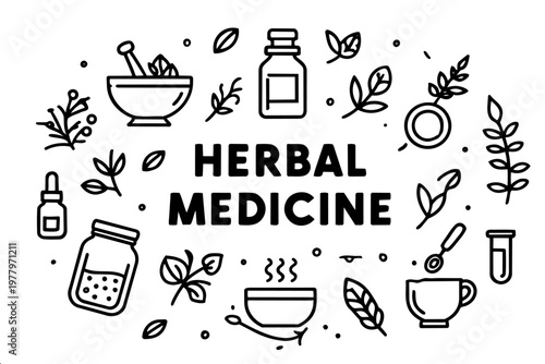 Hand-drawn wellness composition with mortar, bottles, tea cup and botanical elements for alternative health content