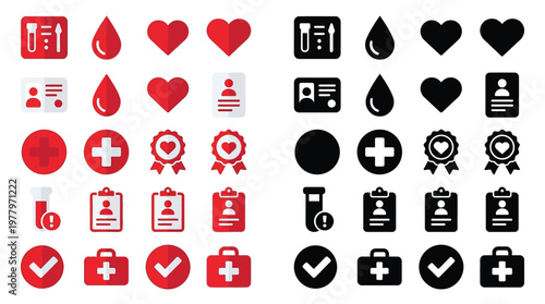 Collection of medical and blood donation icons in red and black, representing various aspects of healthcare and donation processes.