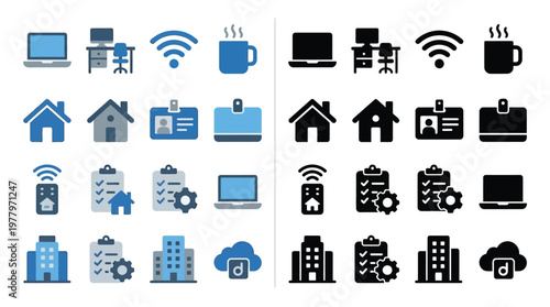 Collection of icons representing remote work, office environment, and business operations, presented in both color and monochrome.