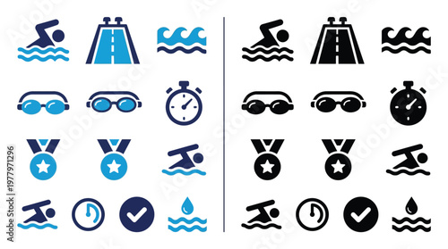 Collection of swimming and triathlon icons in blue and black, representing various aspects of the sport.