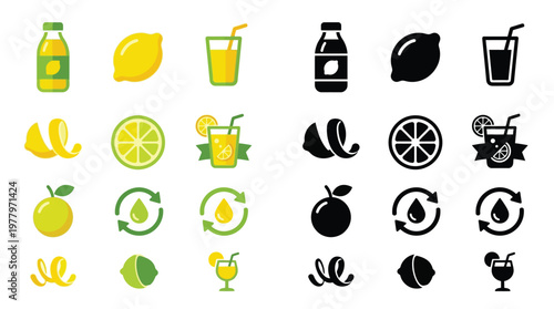 Collection of colorful and monochrome icons representing lemons, lemon juice, and related elements like peels and water drops.
