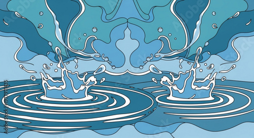 A vector graphic illustration of water splashing into a pool of water with ripples and waves in shades of blue